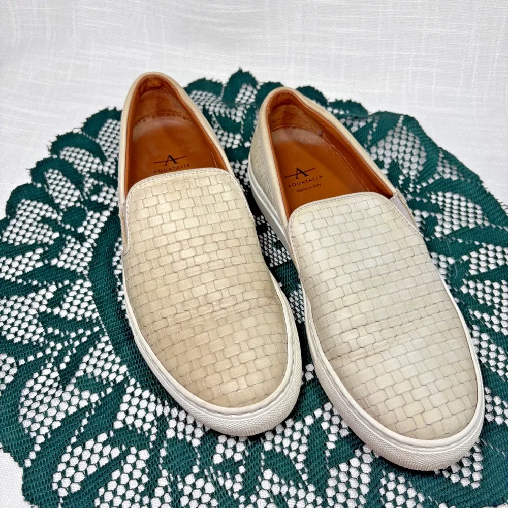 Aquatalia Ashlynn Embossed Calf Size 7 Cream/Grey Woven Leather Made Italy